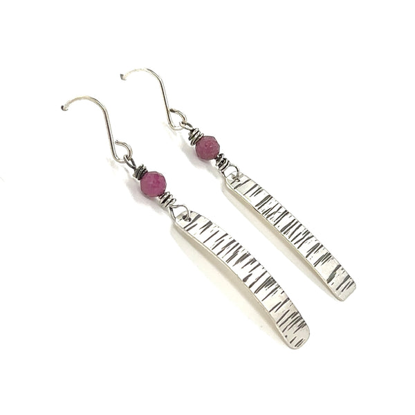 Stamped Rectangle Earrings with Ruby