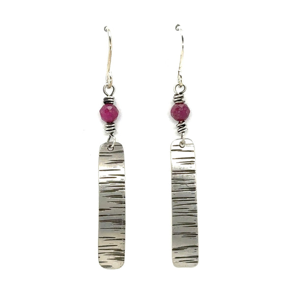 Stamped Rectangle Earrings with Ruby