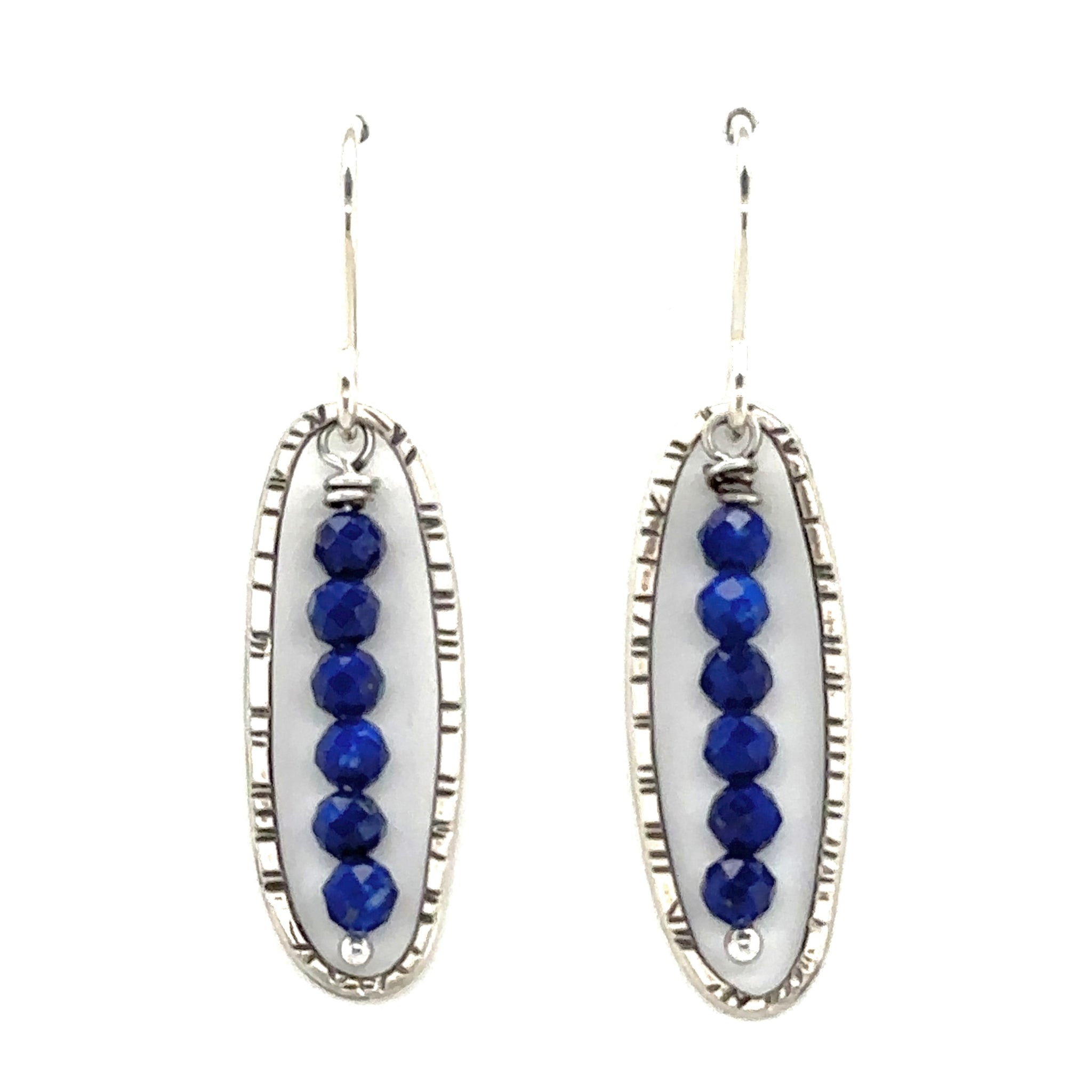 Stamped Oval Earrings with Lapis Beads