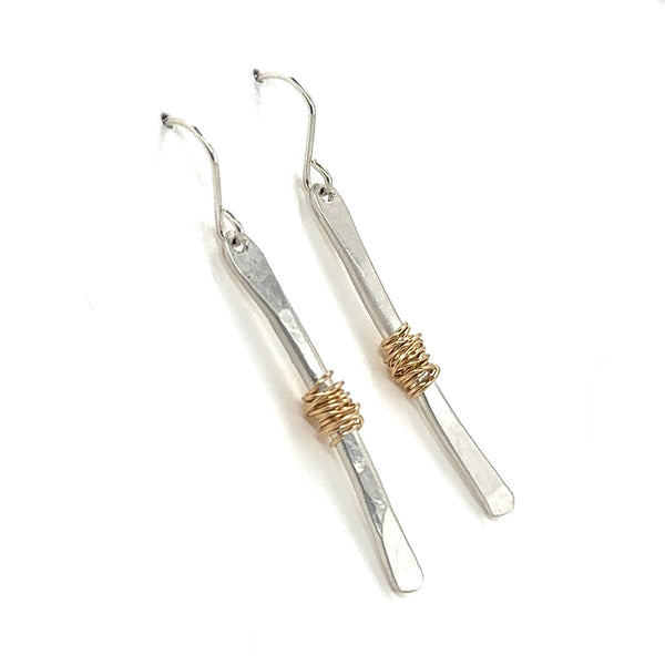 Silver Twig Earrings with Gold Fill Wrap - Long